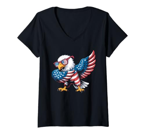 Damen USA Adler Flagge Sonnenbrille Cartoon Patrioten 4. Juli T-Shirt mit V-Ausschnitt Damen USA Adler Flagge Sonnenbrille Cartoon Patrioten 4. Juli T-Shirt mit V-Ausschnitt von American Pride Sunglasses Eagle Independence Day