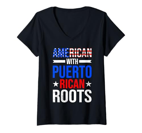 Damen Amerikanisch mit Puerto Rico Roots Heritage Pride T-Shirt mit V-Ausschnitt von American Puerto Rico Roots Pride