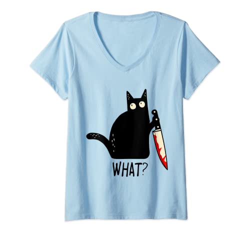 Damen Lustige schwarze Katze Was? Halten blutiges Messer für Herren, Damen, Teenager T-Shirt mit V-Ausschnitt von American Sarcastic Funny Clothing Apparel