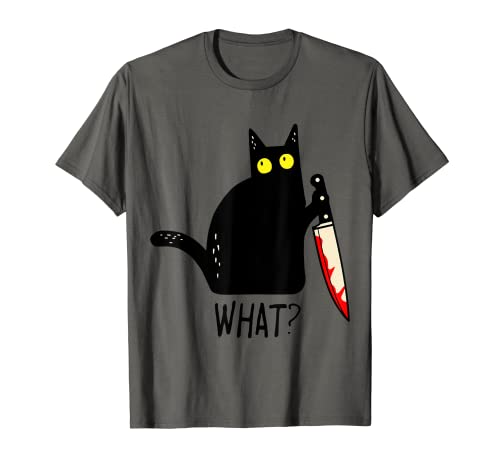 Lustige schwarze Katze "What?" hält blutiges Messer, für Männer und Frauen und Jugendliche T-Shirt von American Sarcastic Funny Clothing Apparel