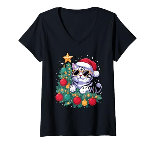 Damen Christmas Tree American Shorthair Sunglasses T-Shirt mit V-Ausschnitt von American Shorthair Cat Lover Gifts