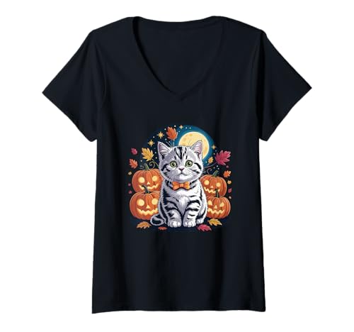 Damen Halloween American Shorthair Kürbis T-Shirt mit V-Ausschnitt Damen Halloween American Shorthair Kürbis T-Shirt mit V-Ausschnitt von American Shorthair Cat Lover Gifts