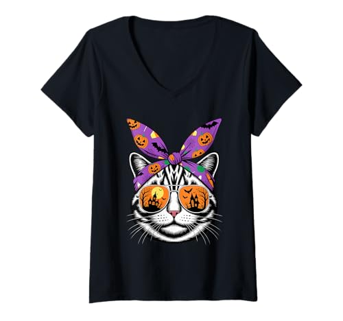 Damen Halloween Bandana American Shorthair T-Shirt mit V-Ausschnitt Damen Halloween Bandana American Shorthair T-Shirt mit V-Ausschnitt von American Shorthair Cat Lover Gifts