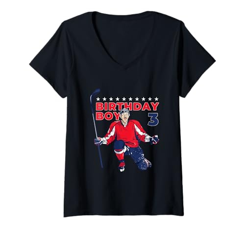 Damen Happy 3rd Birthday Boy Hockeyspieler Eishockey Thema T-Shirt mit V-Ausschnitt von American Sport Kid Costume For Hockey Fans