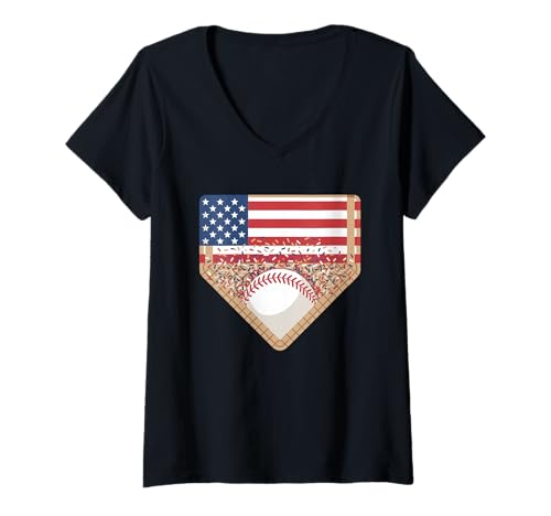 Damen Patriotischer Baseball Home Plate USA Flagge Fourth of July T-Shirt mit V-Ausschnitt Damen Patriotischer Baseball Home Plate USA Flagge Fourth of July T-Shirt mit V-Ausschnitt von American Sports Pride Konfetti Ballpark