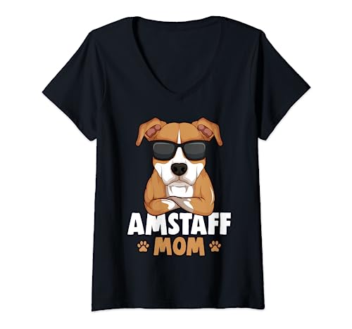 Damen American Staffordshire Terrier Amstaff Mom Hunde Mama T-Shirt mit V-Ausschnitt von American Staffordshire Terrier Hunde Geschenke