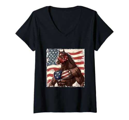 Damen American Horse Maskottchen USA Flagge T-Shirt mit V-Ausschnitt von American Style Animals Inc