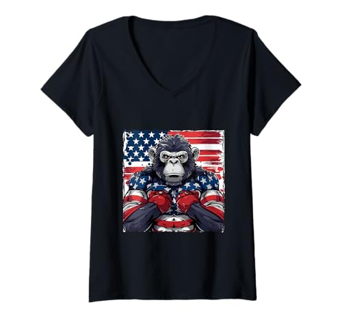 Damen American Monkey Maskottchen USA Flagge T-Shirt mit V-Ausschnitt Damen American Monkey Maskottchen USA Flagge T-Shirt mit V-Ausschnitt von American Style Animals Inc