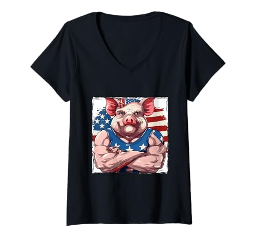 Damen American Pig Maskottchen USA Flagge T-Shirt mit V-Ausschnitt Damen American Pig Maskottchen USA Flagge T-Shirt mit V-Ausschnitt von American Style Animals Inc
