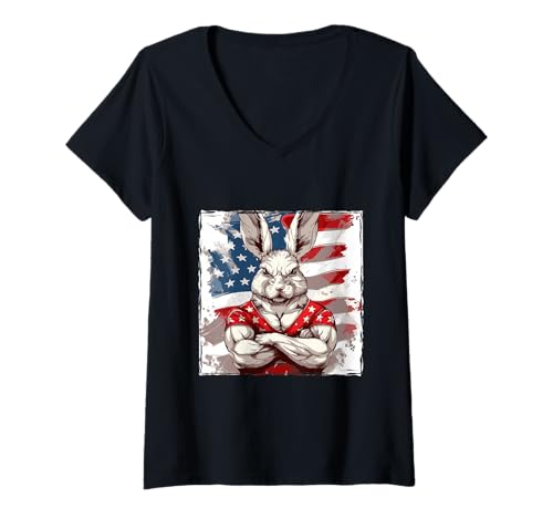 Damen American Rabbit Maskottchen USA Flagge T-Shirt mit V-Ausschnitt Damen American Rabbit Maskottchen USA Flagge T-Shirt mit V-Ausschnitt von American Style Animals Inc
