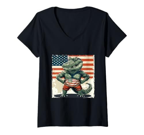 Damen Amerikanische Alligator-Maskottchen USA-Flagge T-Shirt mit V-Ausschnitt Damen Amerikanische Alligator-Maskottchen USA-Flagge T-Shirt mit V-Ausschnitt von American Style Animals Inc