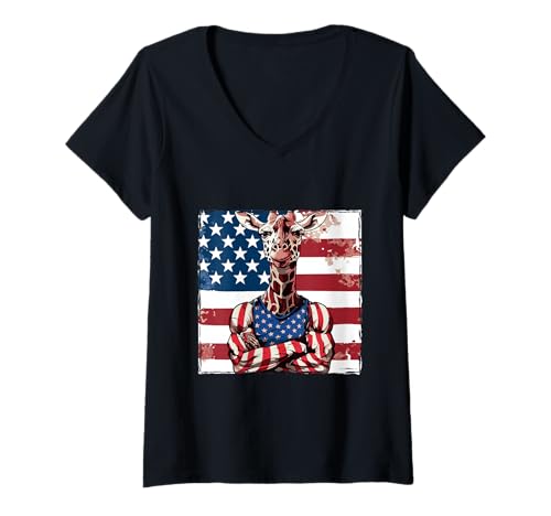 Damen Amerikanische Giraffe Maskottchen USA Flagge T-Shirt mit V-Ausschnitt Damen Amerikanische Giraffe Maskottchen USA Flagge T-Shirt mit V-Ausschnitt von American Style Animals Inc