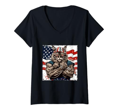 Damen Amerikanische Katze Maskottchen USA Flagge T-Shirt mit V-Ausschnitt von American Style Animals Inc