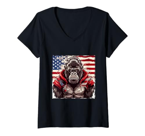 Damen Amerikanisches Gorilla-Maskottchen, USA- T-Shirt mit V-Ausschnitt Damen Amerikanisches Gorilla-Maskottchen, USA- T-Shirt mit V-Ausschnitt von American Style Animals Inc