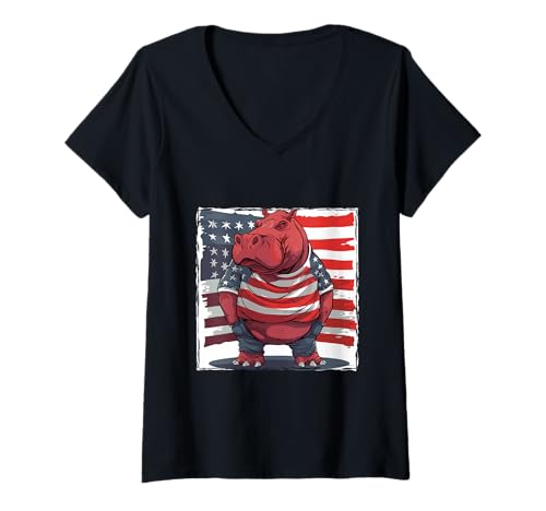 Damen Amerikanisches Nilpferd-Maskottchen T-Shirt mit V-Ausschnitt Damen Amerikanisches Nilpferd-Maskottchen T-Shirt mit V-Ausschnitt von American Style Animals Inc