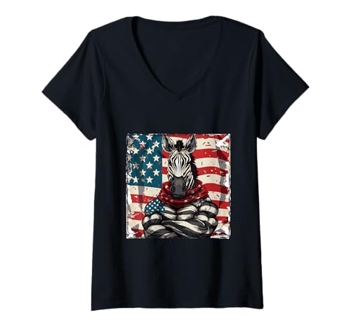 Damen Amerikanisches Zebra-Maskottchen, US T-Shirt mit V-Ausschnitt Damen Amerikanisches Zebra-Maskottchen, US T-Shirt mit V-Ausschnitt von American Style Animals Inc