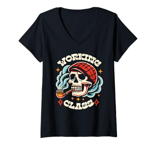 Damen Working Class Skull Traditioneller Tätowierer Inked T-Shirt mit V-Ausschnitt von American Traditional Tattoo Arts