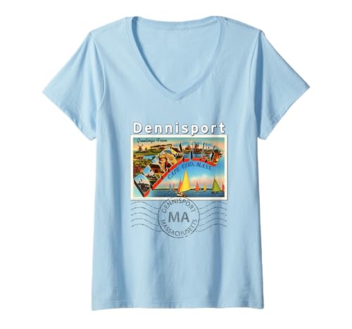 Damen Dennisport Cape Cod Massachusetts MA Postkarte 2 Poststempel T-Shirt mit V-Ausschnitt von American Travelogue :: Postcards : Massachusetts