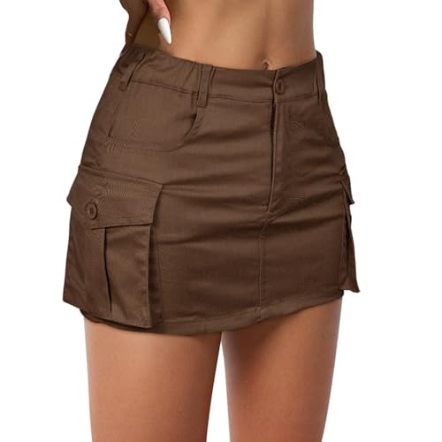 American Trends Damen Mini Cargo Röcke Y2k Kurze Jeansrock mit Taschen Niedrige Taille Knopf Jeans Röcke, Braun, Klein von American Trends