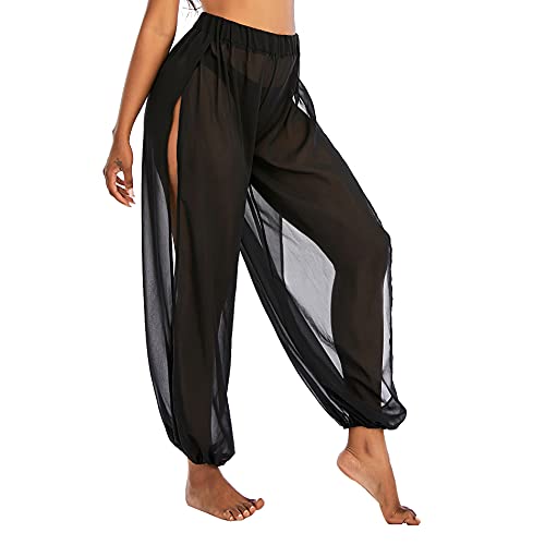 American Trends Sheer Beach Coverup Pants Mesh Pants for Women High Slit See Through Haremshose, Netzstoff (Schwarz), 3X-Groß von American Trends