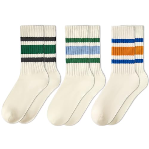 American Trends Gestreifte Damensocken, Retro-Socken, Crew-Socken, sportlich, Wadensocken, 3er-Pack, Schwarz, Grün, Blau, Grün, Blau-Orange, Einheitsgröße von American Trends