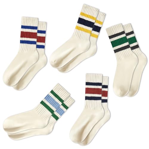 Gestreifte Damensocken, Retro-Socken, Crew-Socken, sportlich, Wadensocken, 5er-Pack, Schwarz, Grün, Schwarz, Gelb, Marineblau, Rot, Blau, Grün und Blau, Einheitsgröße von American Trends