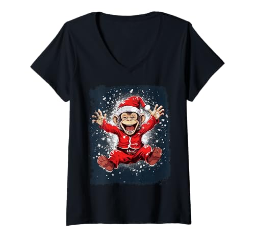 Damen Kawaii AFFE Weihnachten T-Shirt mit V-Ausschnitt von Americana Wildlife Clothing Animal Design