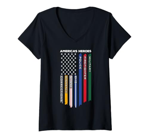 Damen Ersthelfer - Polizei Militär Feuerwehrmann Krankenschwester EMS T-Shirt mit V-Ausschnitt von Americas Heroes First Responders Apparel