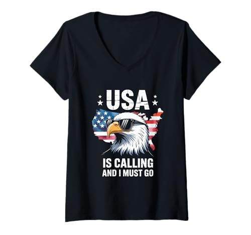 Damen USA is Calling and I Must Go Adler Amerika Flagge T-Shirt mit V-Ausschnitt von Amerika Adler USA Flagge Patriot Reise Fernweh