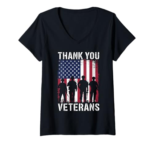 Damen Thank You Veterans Distressed Flag Stolz Veteranen Tag T-Shirt mit V-Ausschnitt von Amerikanische Militär Wertschätzung Danke Ehre