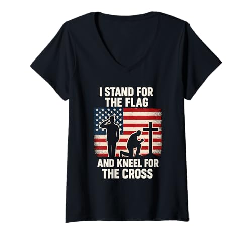 Damen I Stand for The Flag and Kneel for The Cross Christlicher T-Shirt mit V-Ausschnitt von Amerikanischer Glaube Militär Unterstützung