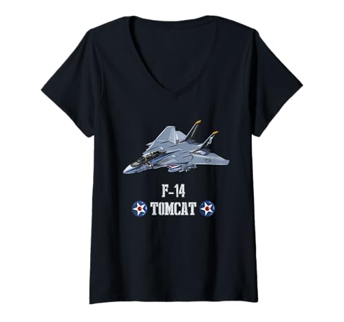 Damen Amerikanisches Militärflugzeug F14 Tomcat Kampfflugzeug T-Shirt mit V-Ausschnitt Damen Amerikanisches Militärflugzeug F14 Tomcat Kampfflugzeug T-Shirt mit V-Ausschnitt von Amerikanisches Kampfflugzeug F-14 Tomcat