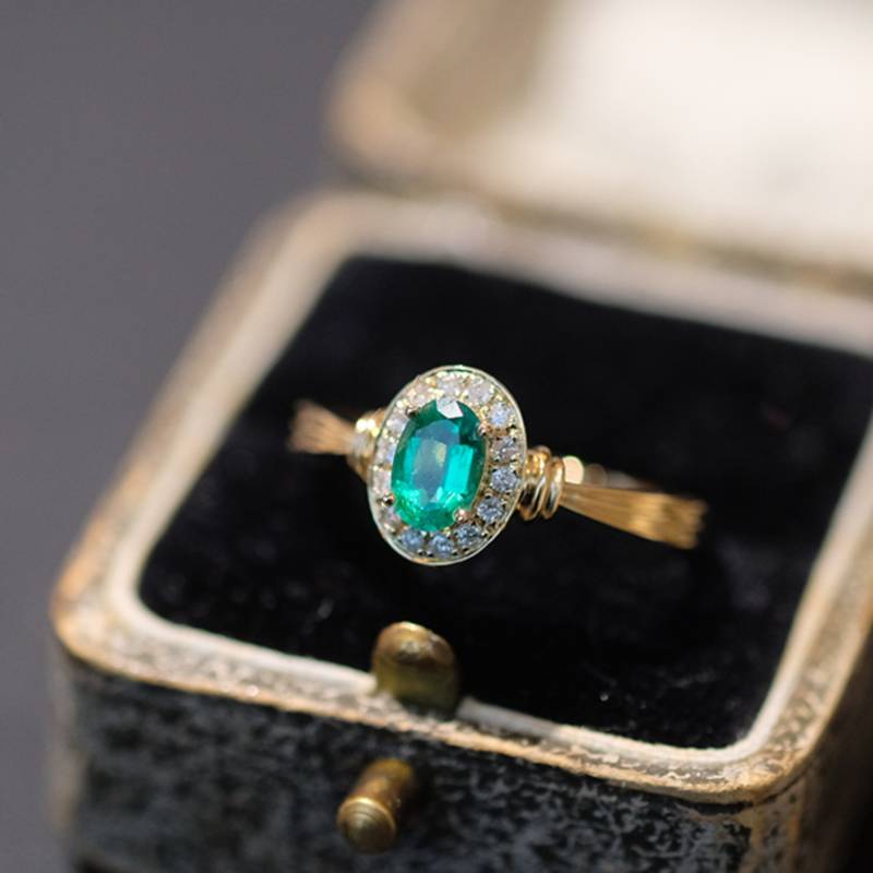 14K Gold Smaragd Verlobungsring, Art Deco Natürlicher Ehering, Halo Verlobungsring Diamant Vintage Grüner von Amerishine