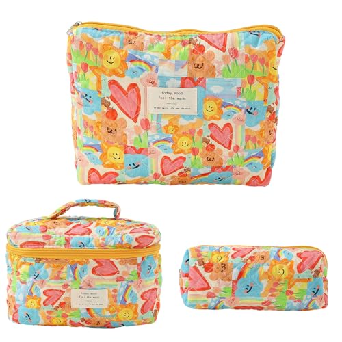 Amesor -Make-up-Tasche | 3 Stück Baumwoll-Make-up-Tasche - Reise-Kosmetik-Stepptasche, ästhetische Toilettenartikel für Damen und Mädchen, multifunktionale Aufbewahrung von Amesor