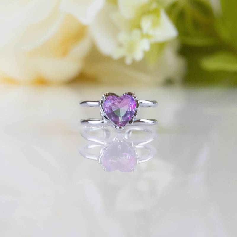 Silberring Violett Sterling Silber Ring Herz Statement Ring Cocktailring Lila Offener Silber Herz von AmethystGardenShop