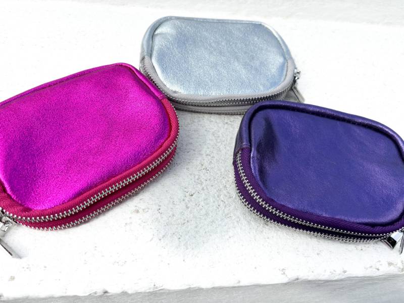 Kleine Metallic Leder Geldbörse Mit Zwei Reißverschlüssen, Geldbeutel Echtleder, Glitzer von AmetryDesign