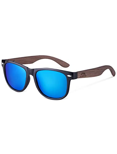 AMEXI Holz Sonnenbrillen/Sonnenbrille mit Holzbügeln aus Walnuss für Damen & Herren/Polarisierende Brillengläser mit UV400-Schutz von AMEXI