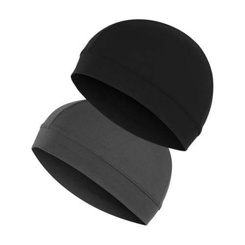 Amexo 2 Stück Schädelkappen Schwarz und Grau Radfahren Helm Liner Kappe Feuchtigkeitstran Sportierende Schädelmütze Atmungsaktiv Sommer unter Helm Hut Schweißableitende Kappe für Männer Frauen von Amexo