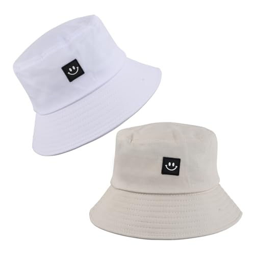 Amexo 2 Stücke Unisex Fischerhüte Bucket Hat Beige und Weiß Faltbar Baumwolle Buckethut Sommerhut mit Smile-Muster Damen Herren Anglerhut Freizeithut für Angeln Wandern Camping Reisen von Amexo