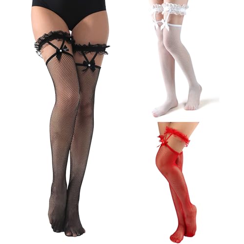 Amexo 3 Paar Netzstrümpfe mit Spitzenoberteil Schleifen Oberschenkelhohe Halterlose Strümpfe für Frauen Frauen Netzstrümpfe Bogen Damen Oberschenkelhohe Strapsstrümpfe Halterlos Netzstrümpfe für Damen von Amexo
