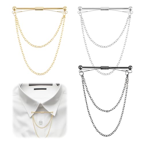 Amexo 3 Pcs Krawatte Kragen Pin Kragen Bar Pins Kragen Bar Mit Kette Krawattennadel Clip Mit Kette Herren Kragenclip Set mit Kettenstil Anstecknadel Kette für Valentinstag Party Verabredung Hochzeit von Amexo