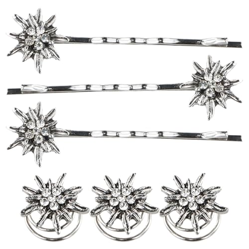 Amexo 3 Stück Edelweiß Haarspangen mit 3 Stück Edelweiß Federklemmen Vintage Strass-Edelweiss Haarschmuck für Damen Elegante Wellenform Haarspange für Oktoberfest Bayerisch Bierfest von Amexo