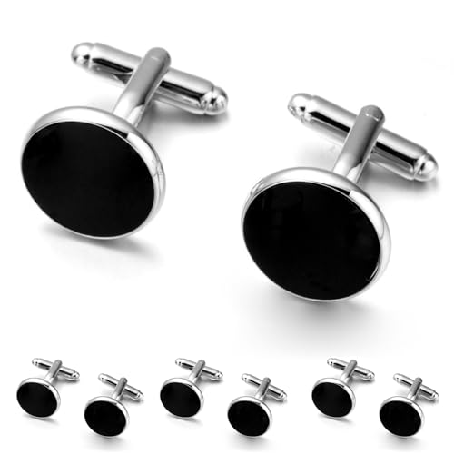 Amexo 4 Paare Manschettenknöpfe herren, Schwarz Silber manschettenknöpfe für herren Stilvoll und anspruchsvoll, Runde Einfach manschettenknöpfe für Geschäftstreffen Hochzeit und Jubiläen von Amexo