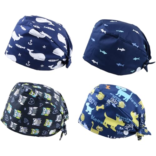 Amexo 4 Stück OP Haube Baumwoll Peeling-Mütze mit Schweißband und Knöpfen Chirurgische Hut Staubkappe Verstellbar Bandana Cap Kochmütze für Damen Herren von Amexo
