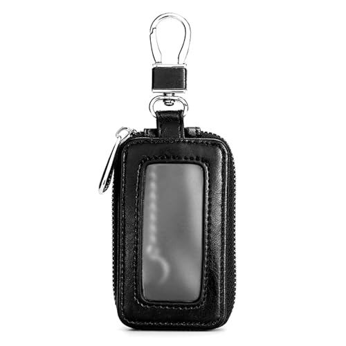 Amexo Auto Schlüsseletui Leder Autoschlüssel Tasche Tragbares Auto Schlüsseltasche Transparentes Fenster Autoschlüsselhülle Autoschlüsselhalter mit Metallhaken Reißverschluss für Männer und Frauen von Amexo