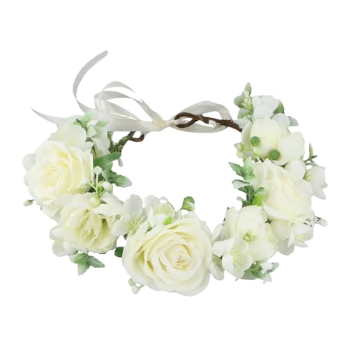 Amexo Blumenkrone Dirndl Haarreif für Frauen Hochzeit Party Blumenkranz Damen Haarband Blumen Mädchen Rose Blumenkopf Haarreif mit Band (Weiß) von Amexo