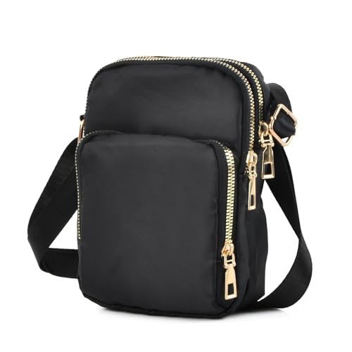 Amexo Klein Handytaschen Nylon Umhängetasche Damen Schwarz Crossbody Taschen mit Verstellbarem Schulterriemen 3 Lagen Zipper Umhängetasche für Frauen Mädchen Reisen von Amexo