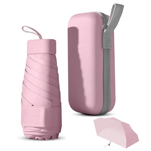 Amexo Kompakter Regenschirm, 6 Rippen Mini-Regenschirm Mini Faltbarer Reise Regenschirm mit Etui Sturmfest UV Schutz Mini Regenschirm Ultraleicht für Männer Frauen Kinder (Rosa) von Amexo