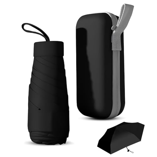 Amexo Kompakter Regenschirm, 6 Rippen Mini-Regenschirm Mini Faltbarer Reise Regenschirm mit Etui Sturmfest UV Schutz Mini Regenschirm Ultraleicht für Männer Frauen Kinder (Schwarz) von Amexo