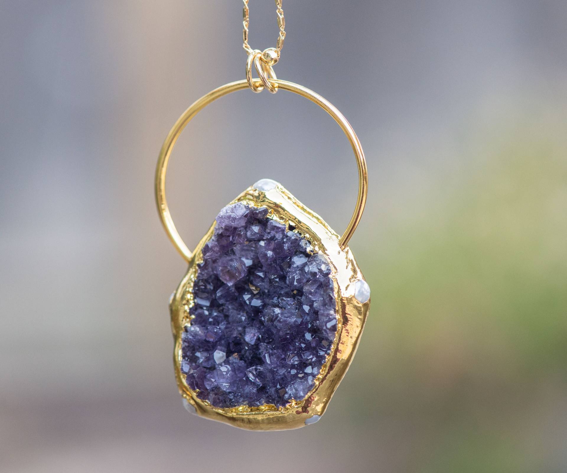 Amethyst Kristall Anhänger, Achat Scheibe Lila Anhänger Halskette, Unregelmäßige Druzy Halskette von AmeyaaJewelry